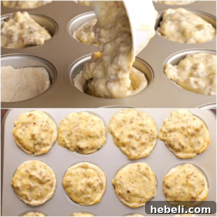 Sausage Gravy Stuffed Biscuit Cups 7 Image showing muffin cups filled with creamy sausage gravy, ready for baking