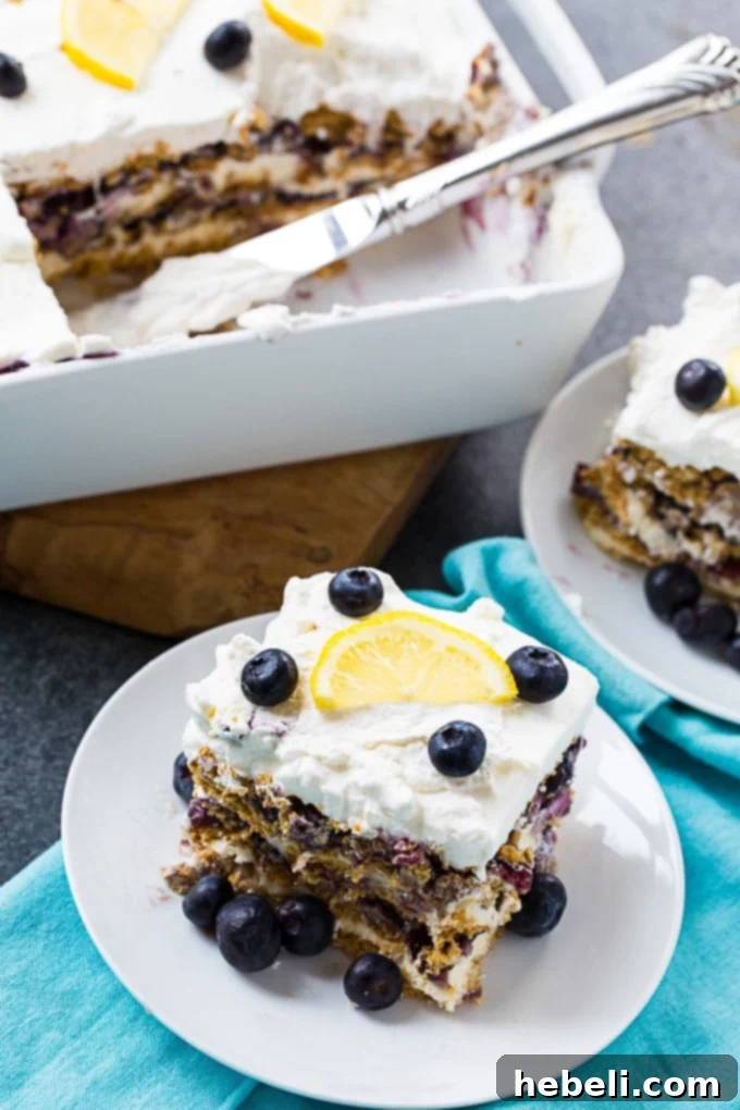 Blueberry Cheesecake Icebox Delight 3 Close-up of a slice of Blueberry Cheesecake Icebox Cake