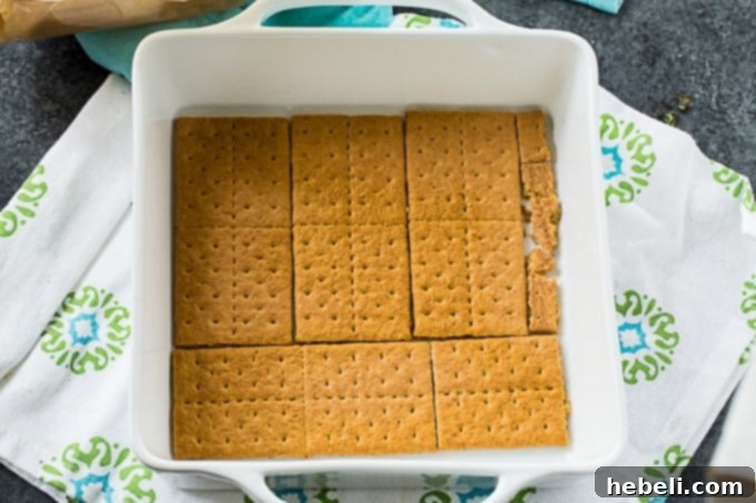Blueberry Cheesecake Icebox Delight 4 First layer of graham crackers in a baking dish