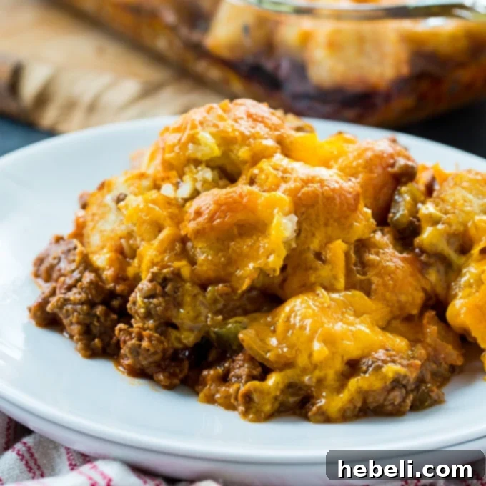 Sloppy Joe Tater Tot Casserole, a delicious family dinner with a crispy topping.