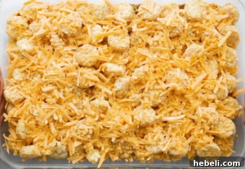 Top layer of cheese sprinkled over the tater tots, ready for baking.