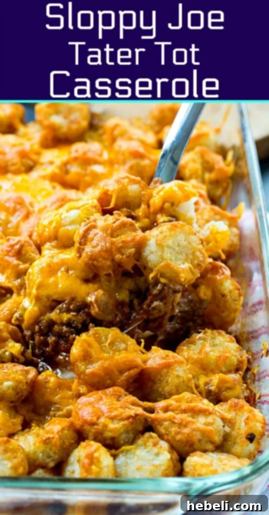 A large serving of Sloppy Joe Tater Tot Casserole in a dish, showing its comforting and hearty appeal.