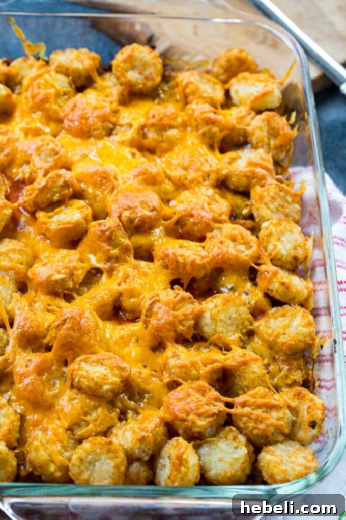Sloppy Joe Tater Tot Casserole in a 9x13 inch baking dish, showcasing golden tater tots and melted cheese.