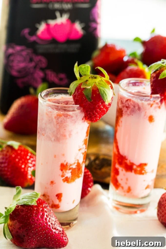 Strawberry Shortcake Shooters 4 Three Strawberry Shortcake Shots garnished with fresh strawberries