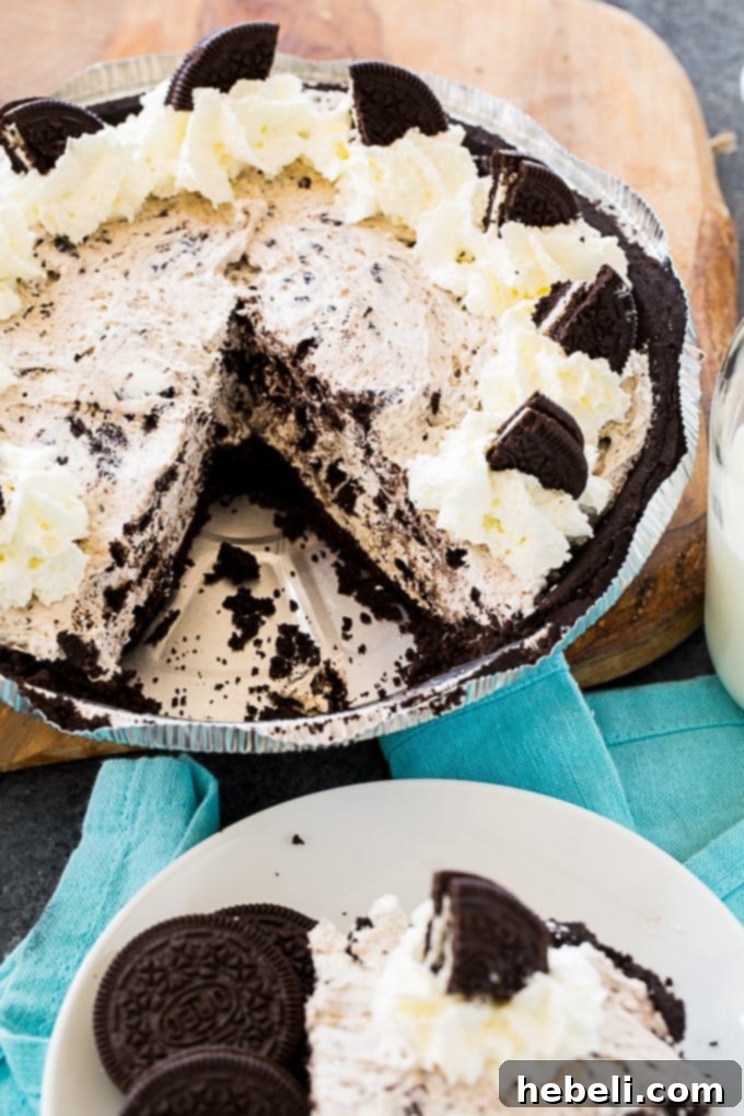 A close-up of No-Bake Oreo Pie with creamy filling and cookie pieces