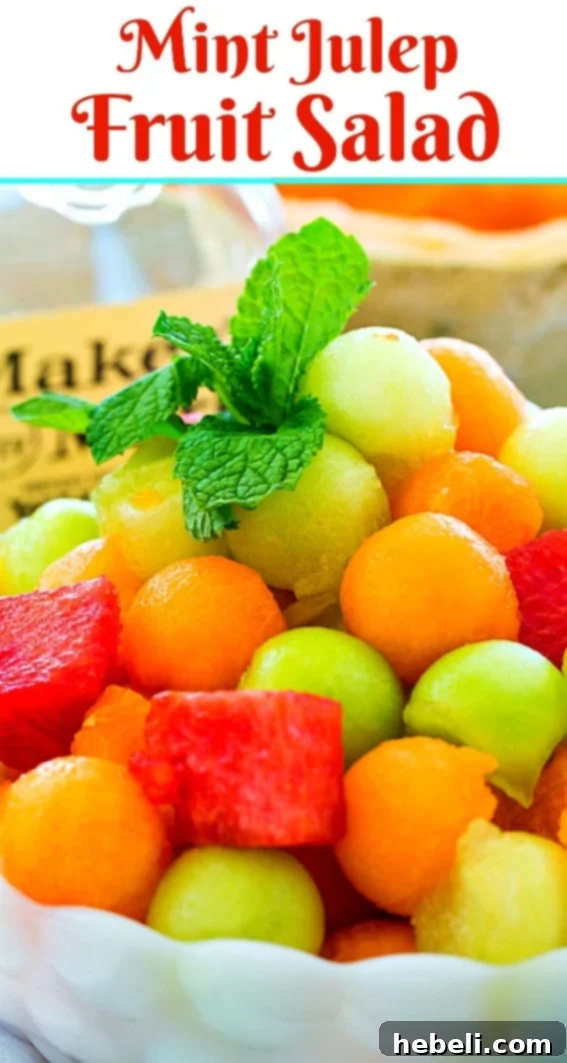 Mint Julep Fruit salad is great for a Kentucky Derby Party. Flavored with mint and bourbon, served in a clear bowl.