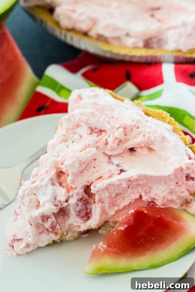 Watermelon Pie slice garnished with fresh mint and small watermelon cubes.