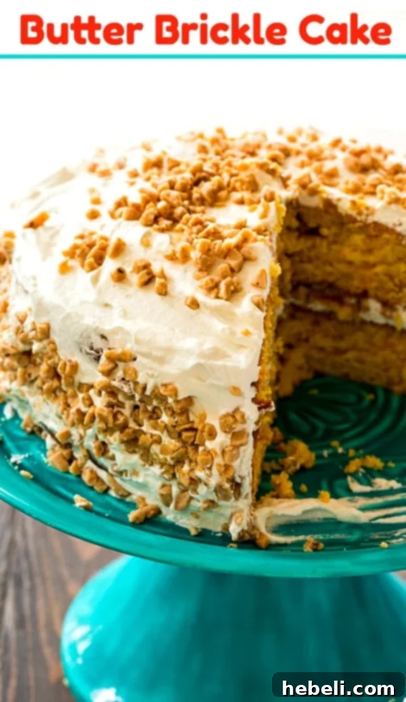 Buttery Toffee Brittle Cake 5 Close-up of Butter Brickle Cake slice with frosting