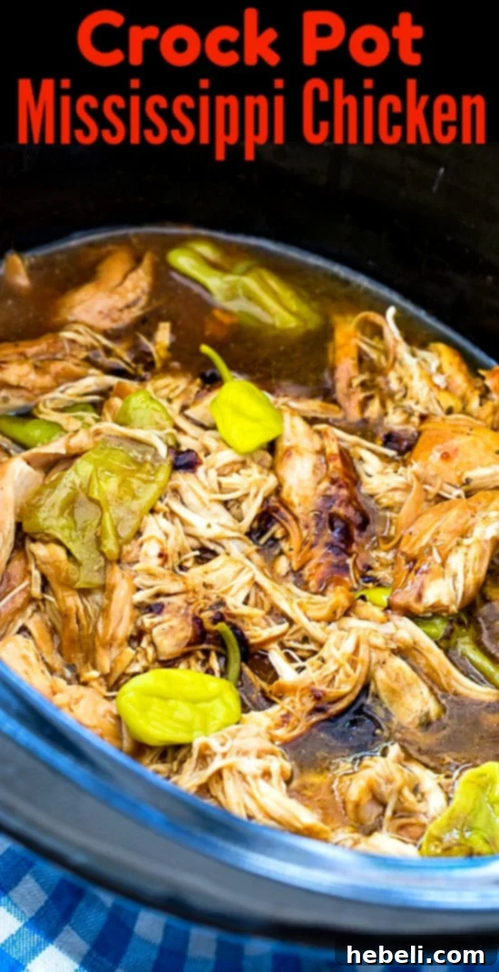 Crockpot Mississippi Chicken in a close-up, ready to be served.