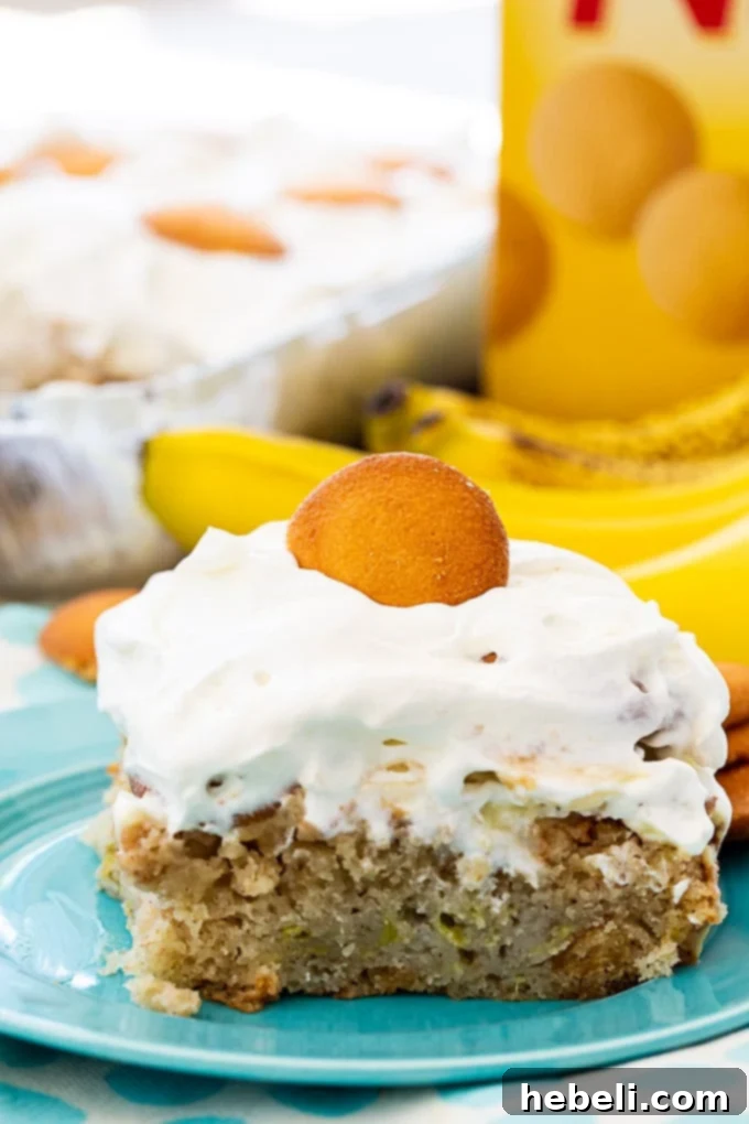 Luscious Banana Pudding Poke Cake 6 A beautifully garnished Banana Pudding Poke Cake, topped with fresh whipped cream and decorative vanilla wafers, ready to be served.