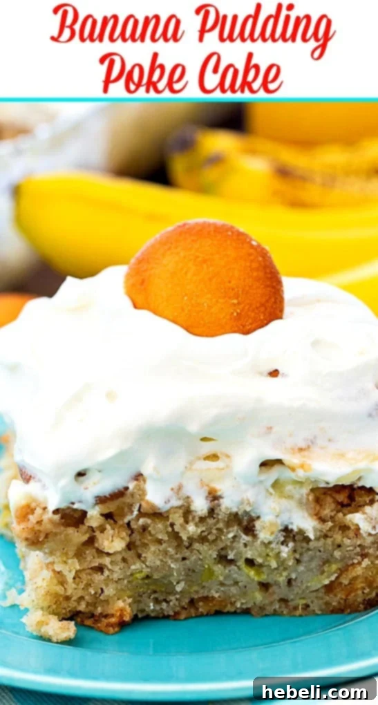 Luscious Banana Pudding Poke Cake 8 A beautiful close-up of the finished Banana Pudding Poke Cake, showing off its generous layers of whipped cream and vanilla wafer garnish.