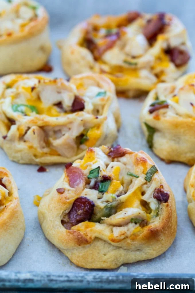 Close-up view of baked Ranch Chicken Roll-Ups, showing the golden crust and filling.