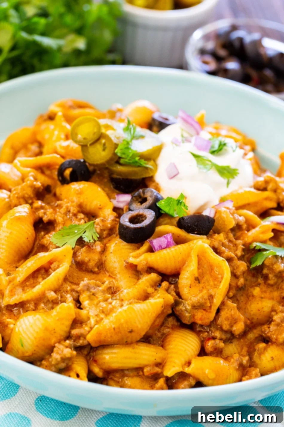A beautifully plated bowl of Instant Pot Cheesy Taco Pasta topped with sour cream, cilantro, and red onion, looking appetizing and ready to be enjoyed.