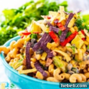 Easy Tex-Mex Pasta Salad Recipe 5 Tex Mex Pasta Salad in a blue bowl.