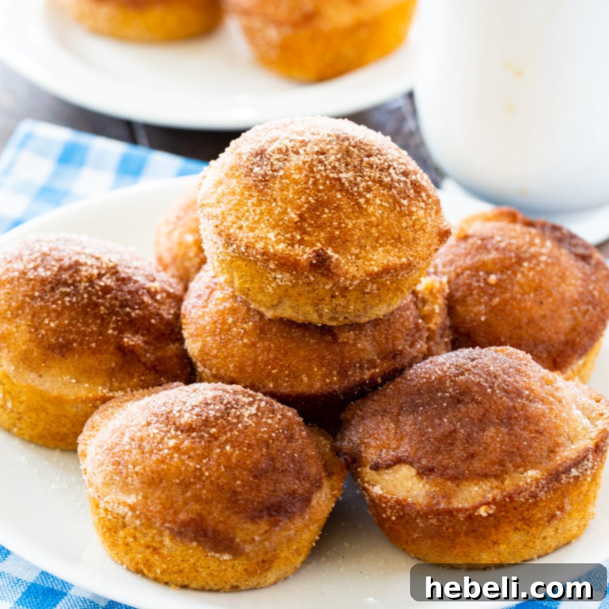 Old-Fashioned Doughnut Muffins piled up on a plate, showcasing their inviting cinnamon sugar coating.