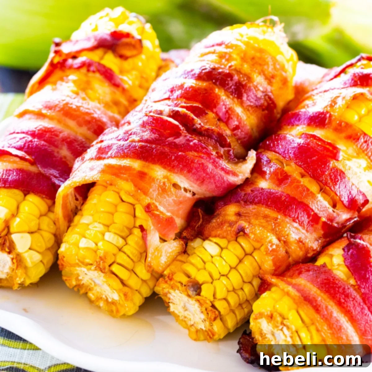 Fiery Bacon Corn Wraps 2 Delicious Spicy Bacon Wrapped Corn on a elegant serving platter, ready to be enjoyed.