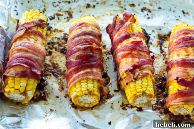 Fiery Bacon Corn Wraps 4 A close-up of a perfectly roasted Spicy Bacon Wrapped Corn cob.