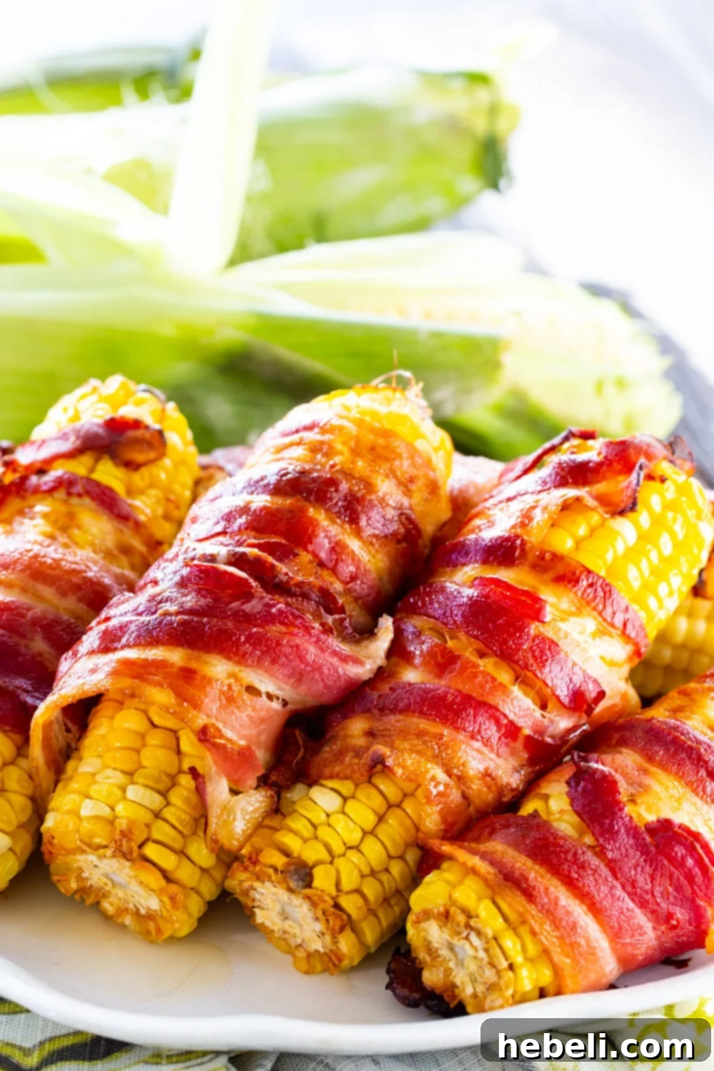 Fiery Bacon Corn Wraps 6 Beautifully roasted Spicy Bacon Wrapped Corn on the cob, ready to be served.