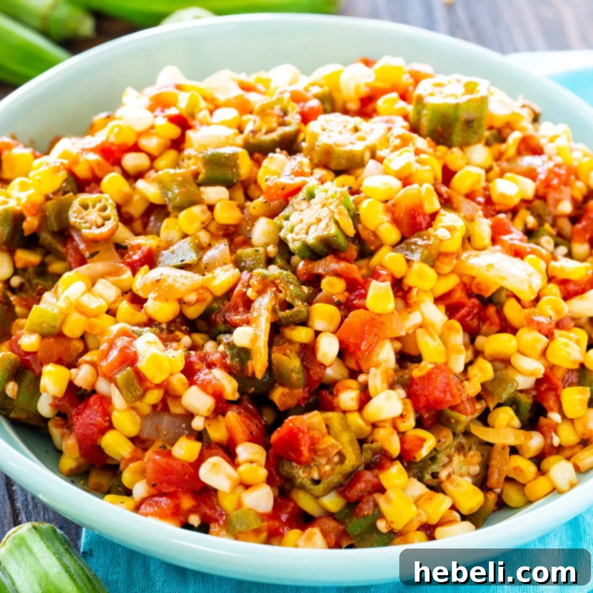 A beautifully presented serving bowl filled with vibrant Corn Okra Creole, showcasing golden corn kernels, tender sliced okra, and rich diced tomatoes, ready to be enjoyed.