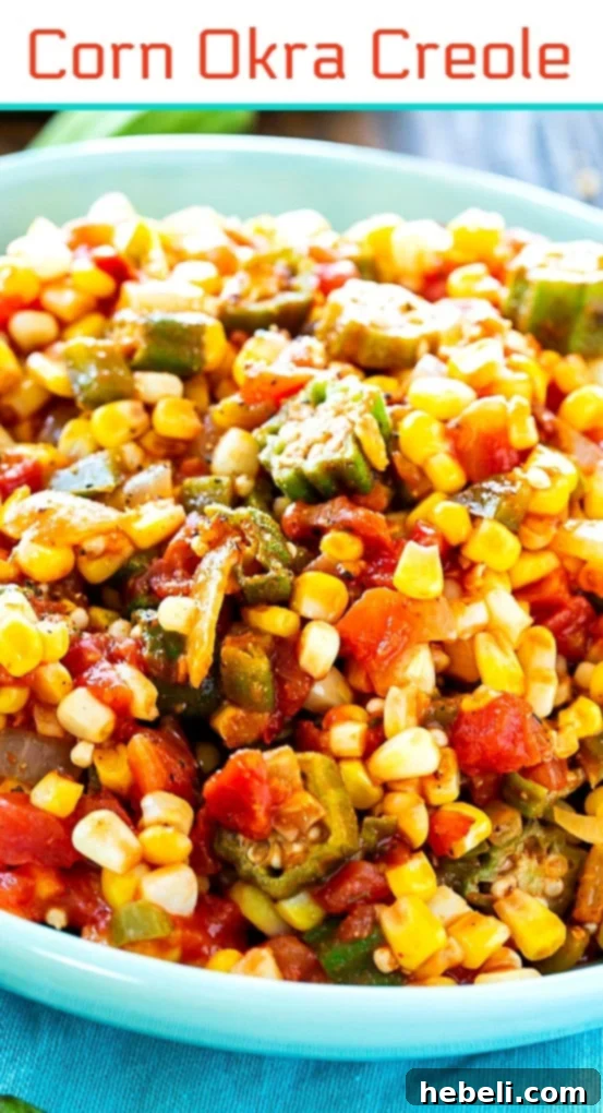 A final close-up shot of Corn Okra Creole, artfully arranged in a rustic bowl, ready for serving, highlighting its fresh ingredients and inviting colors.
