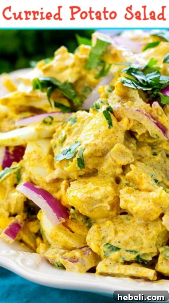 Full shot of a bowl of Curried Potato Salad, garnished with fresh cilantro and ready for serving.