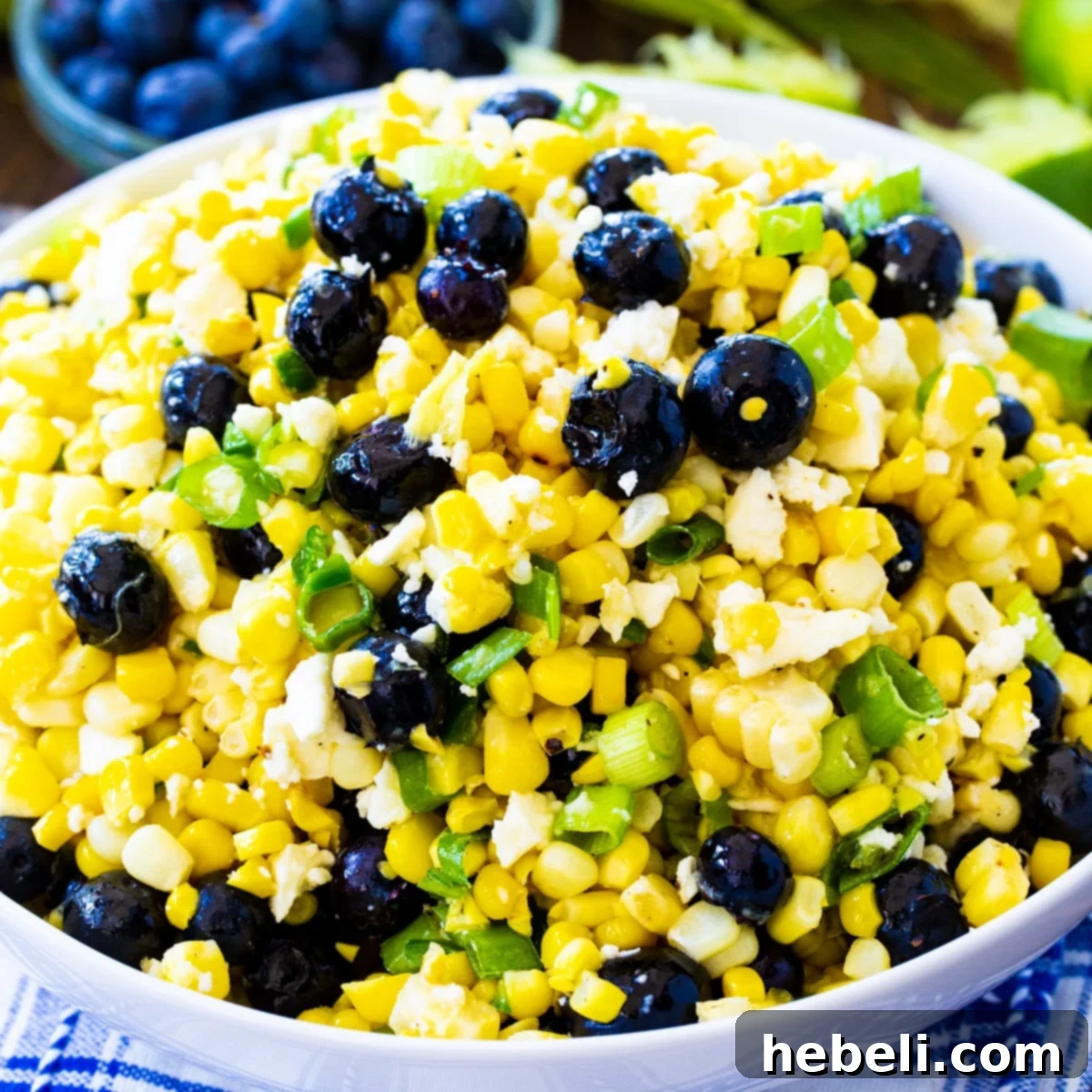 Vibrant Blueberry Corn Feta Salad 2 Blueberry, Corn, and Feta Salad in a serving bowl, showcasing its vibrant colors and fresh ingredients.