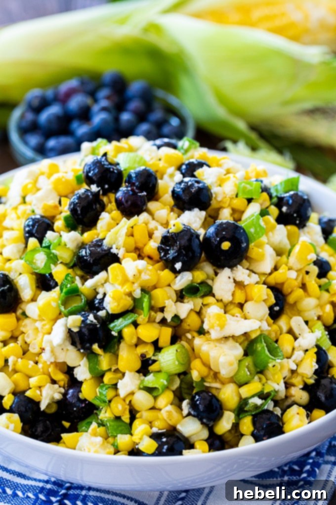 Vibrant Blueberry Corn Feta Salad 5 Vibrant Blueberry, Corn & Feta Salad in a white bowl, ready to serve.