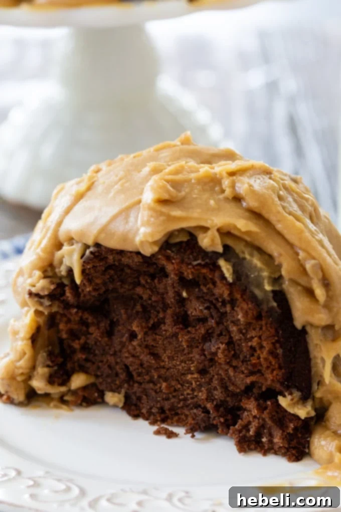 Lush Chocolate Pound Cake with Caramel Glaze 3 Slice of Chocolate Pound Cake with Caramel Icing