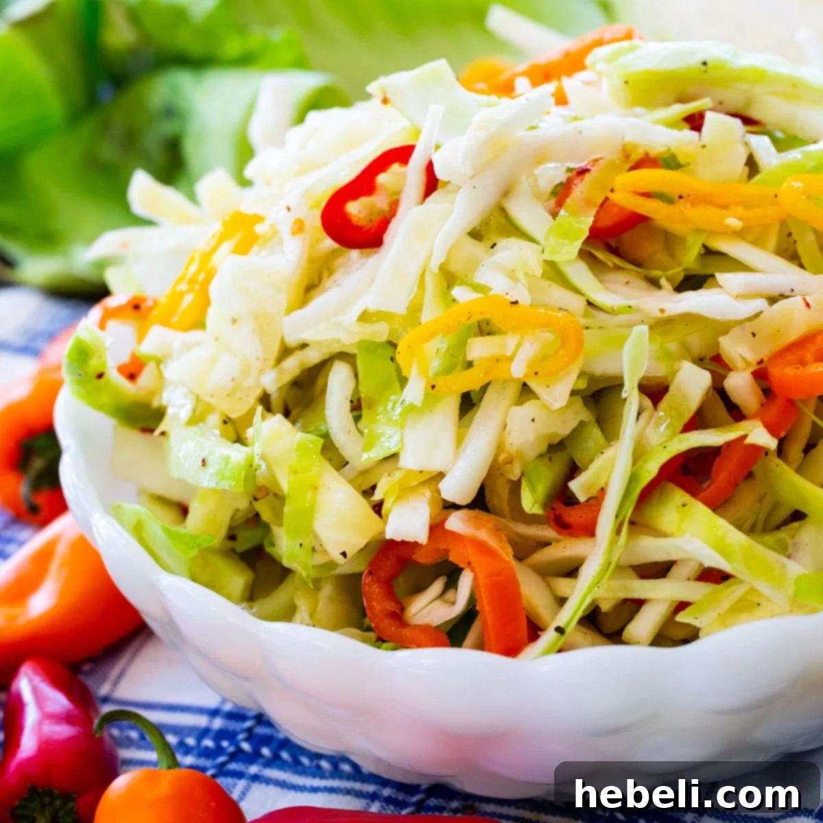 Tangy Cabbage and Bell Pepper Slaw 2 A close-up shot of Marinated Cabbage and Sweet Pepper Slaw, showcasing its fresh, colorful ingredients like red, orange, and yellow peppers, and crisp green cabbage in a white bowl.