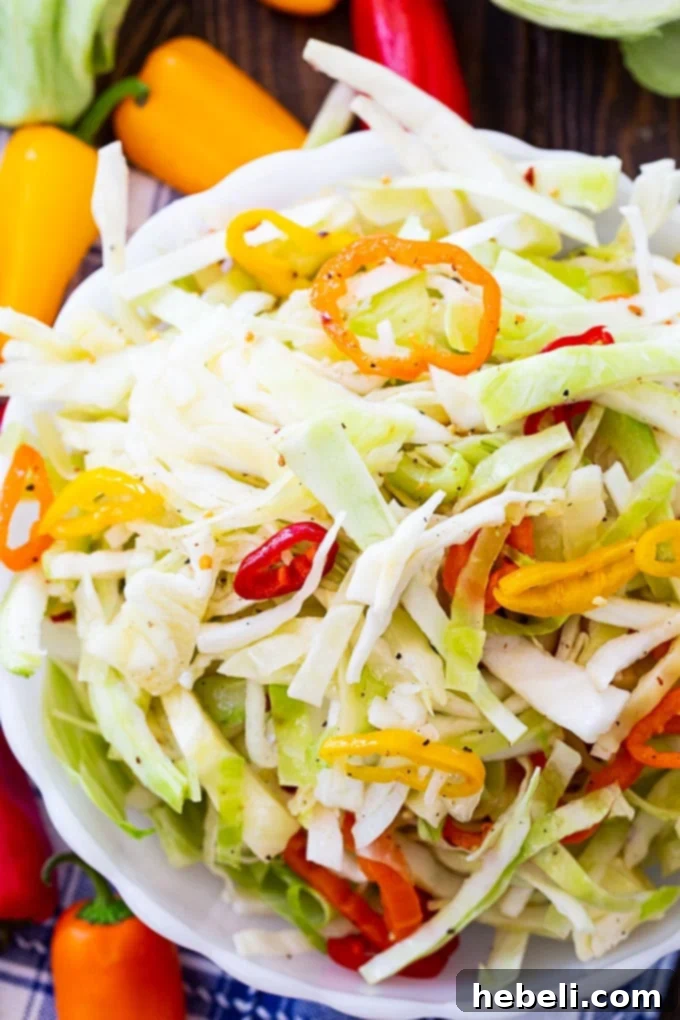 Tangy Cabbage and Bell Pepper Slaw 3 Close-up of a colorful Marinated Cabbage Slaw with distinct strips of red, orange, and yellow sweet bell peppers mixed with shredded green cabbage and other ingredients.