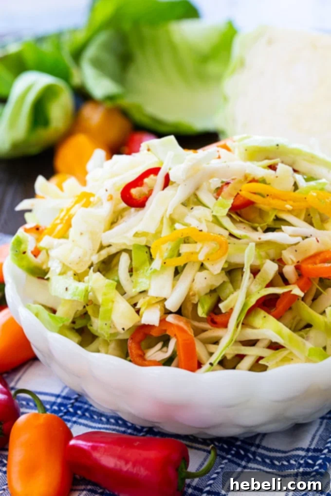 Tangy Cabbage and Bell Pepper Slaw 4 A large glass bowl filled with vibrant Marinated Cabbage and Sweet Pepper Slaw, showing the mix of colors and textures, ready for serving.