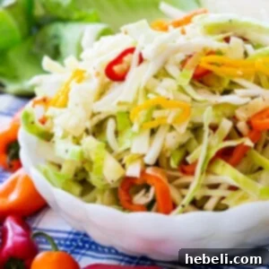A small bowl of Marinated Cabbage and Sweet Pepper Slaw, showcasing the vibrant colors of the vegetables.