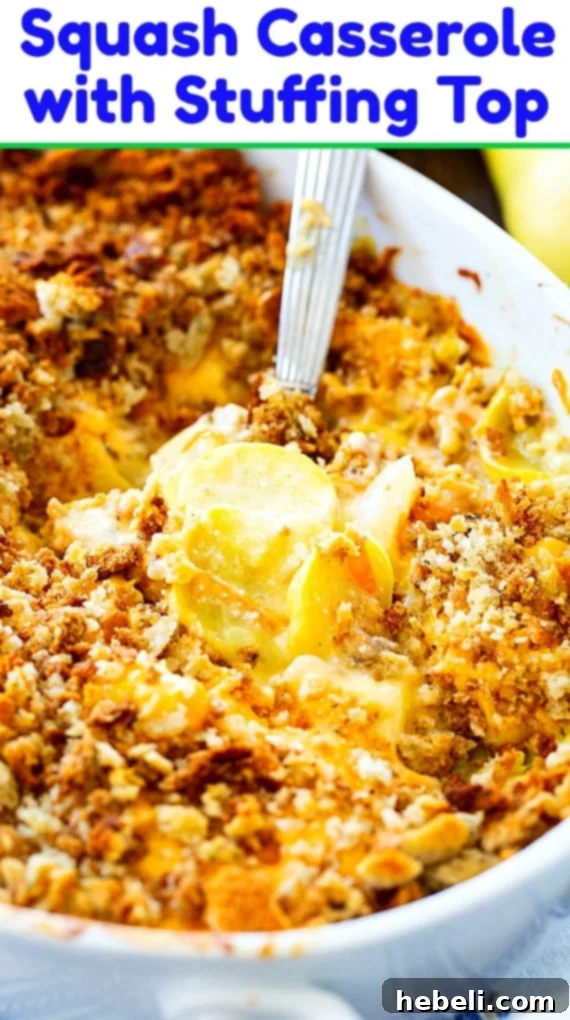Stuffing-Topped Squash Casserole 7 Close-up of baked Squash Casserole with golden stuffing and visible yellow squash pieces.