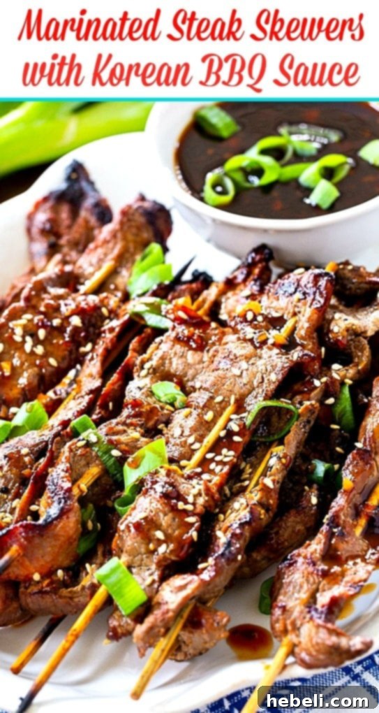 Close-up of Beef Skewers with Korean BBQ Sauce, showing the caramelized glaze and garnishes.