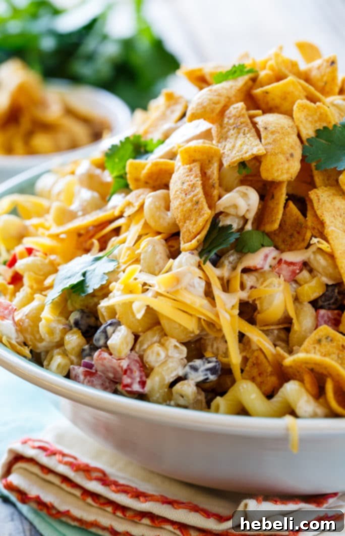BBQ Ranch Pasta Salad with chicken and crunchy corn chips.