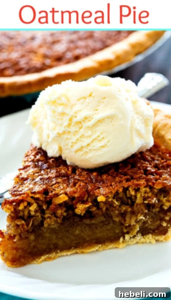 Beautifully baked Old-Fashioned Oatmeal Pie with a golden crust and a glistening, gooey oat-filled interior, ready to be served.