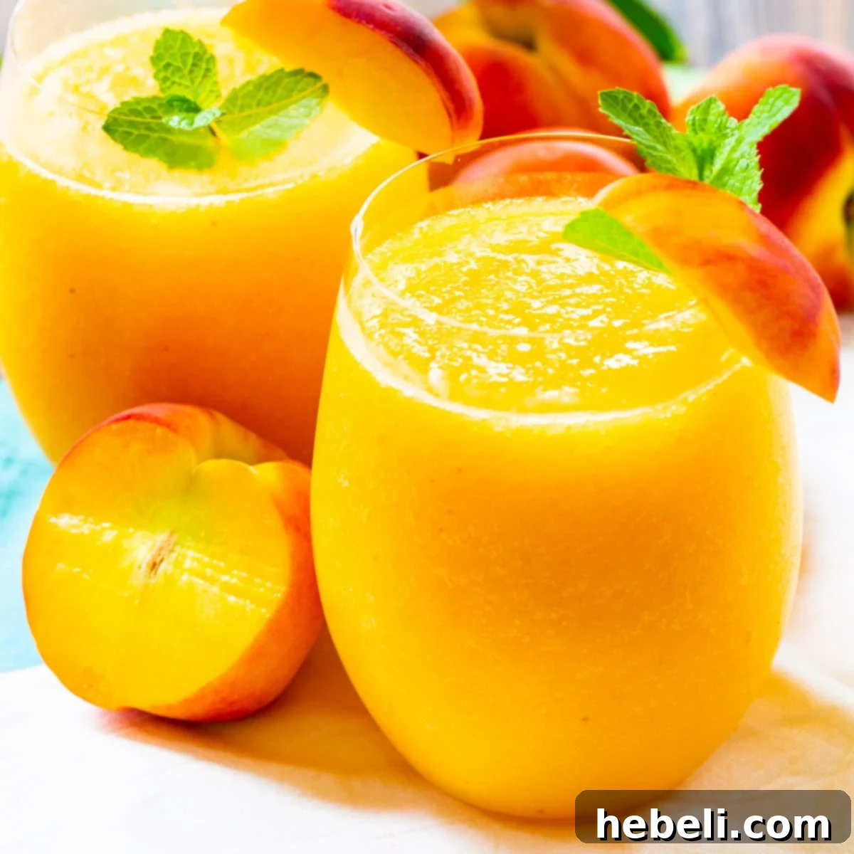 Two vibrant Peach Wine Slushies garnished with fresh peach slices and mint leaves, perfect for a summer day.