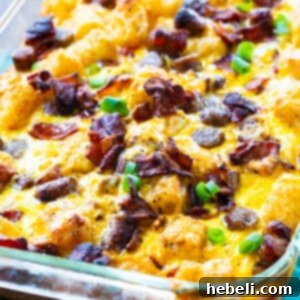 Loaded Tater Tot Breakfast Casserole in a baking dish.