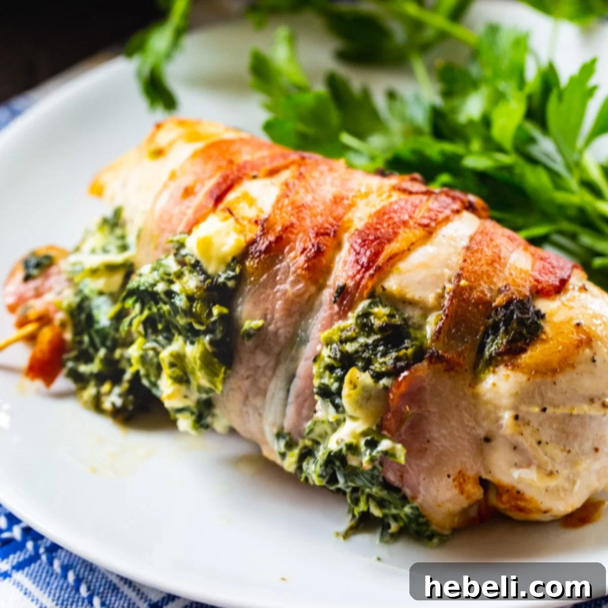 Crispy Bacon Wrapped Feta Spinach Chicken 2 Bacon Wrapped Spinach and Feta Stuffed Chicken Breast on a plate with salad.