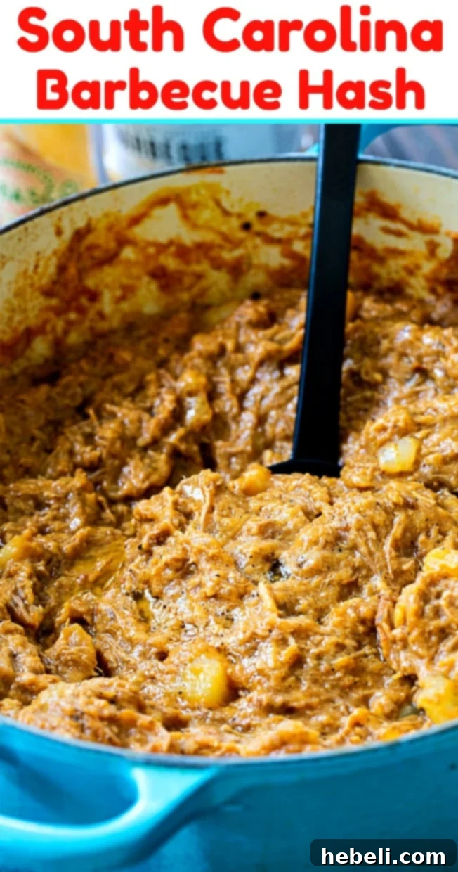 A wide shot of a platter of South Carolina Barbecue Hash, garnished and ready for serving at a gathering.