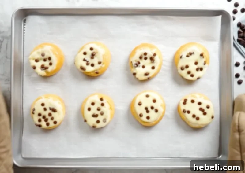 Golden brown Chocolate Chip Cream Cheese Danishes freshly removed from the oven, showing their perfectly baked edges.