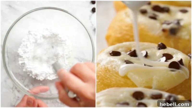 A delicate stream of white glaze being drizzled over warm Chocolate Chip Cream Cheese Danishes, adding a sweet finish.