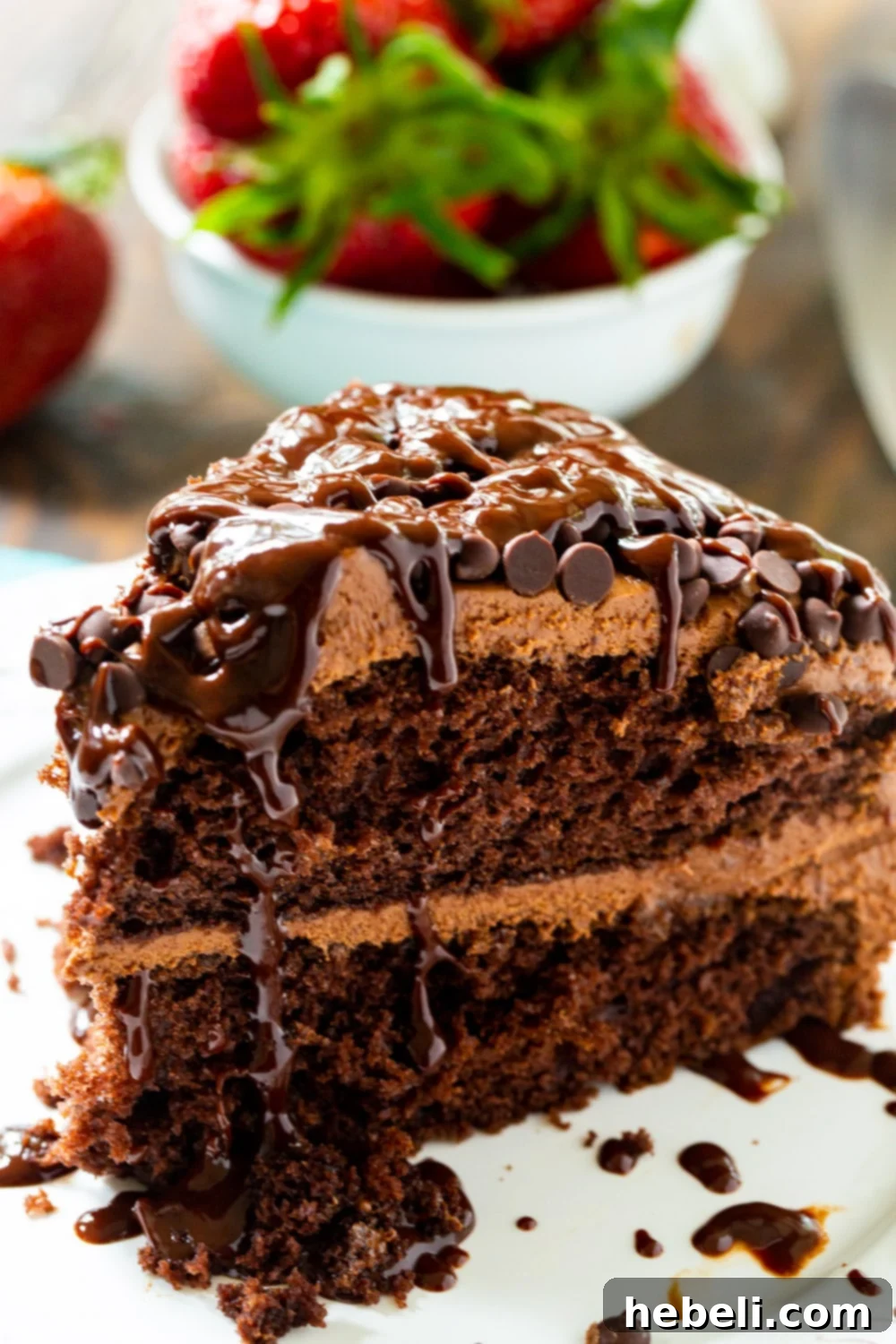 A beautifully decorated Death By Chocolate Cake presented on an elegant white plate, featuring its luscious chocolate frosting, abundant mini chocolate chips, and a perfectly drizzled ganache.