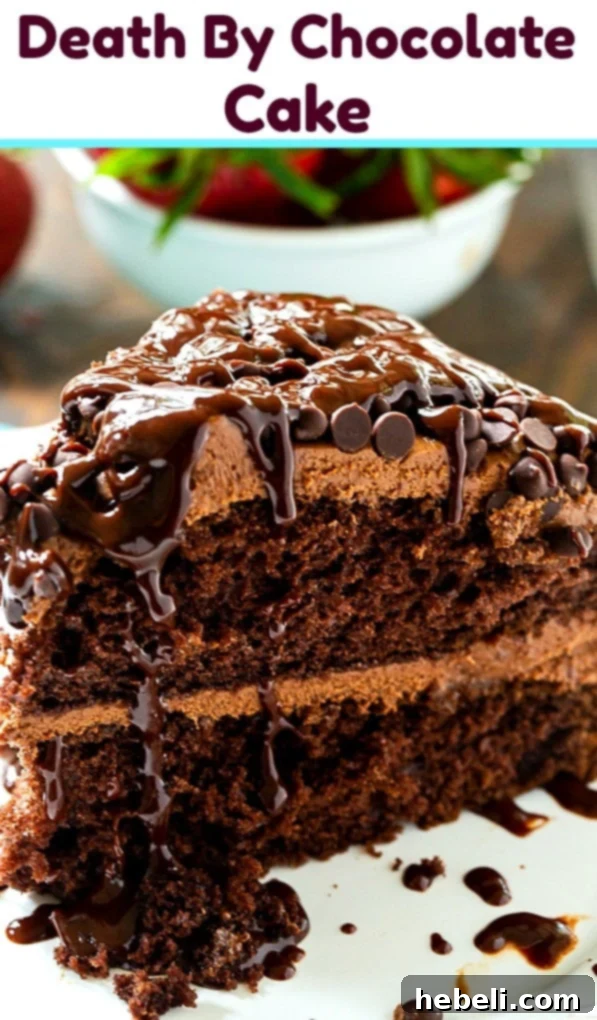 A stunning close-up of the Death By Chocolate Cake, perfectly decorated and ready to be enjoyed.