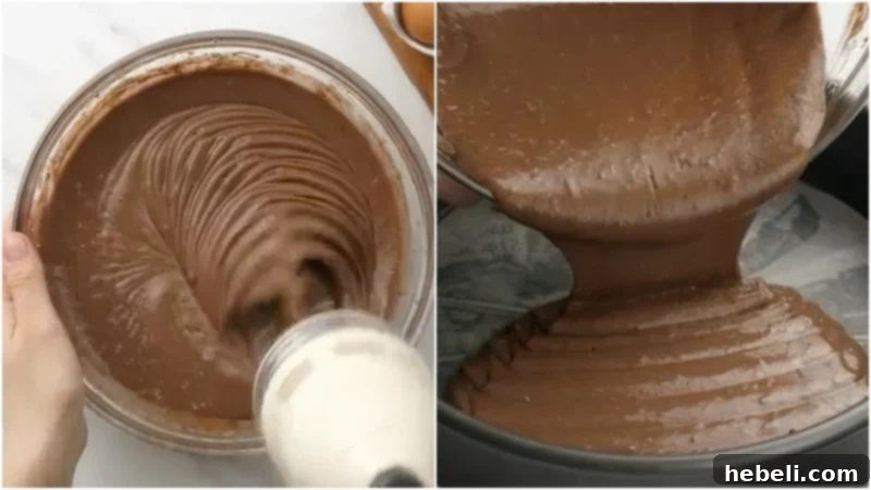 A visual guide showing cake batter being expertly mixed in a bowl and then smoothly poured into two prepared cake pans, ready for baking.