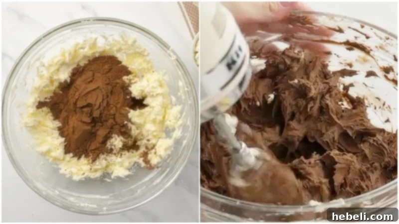 Unsweetened cocoa powder being thoroughly and evenly mixed into the creamy butter and cream cheese frosting base, deepening its color and flavor.