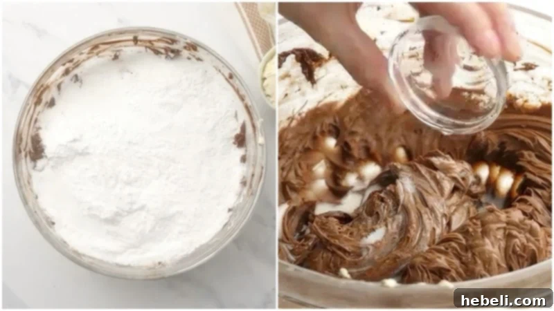 Powdered sugar being gradually added to the chocolate frosting mixture, transforming it into a smooth, sweet, and airy consistency.