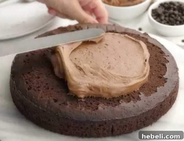 A smooth and generous layer of rich chocolate frosting being expertly spread evenly on a cooled cake layer, preparing for the next stack.