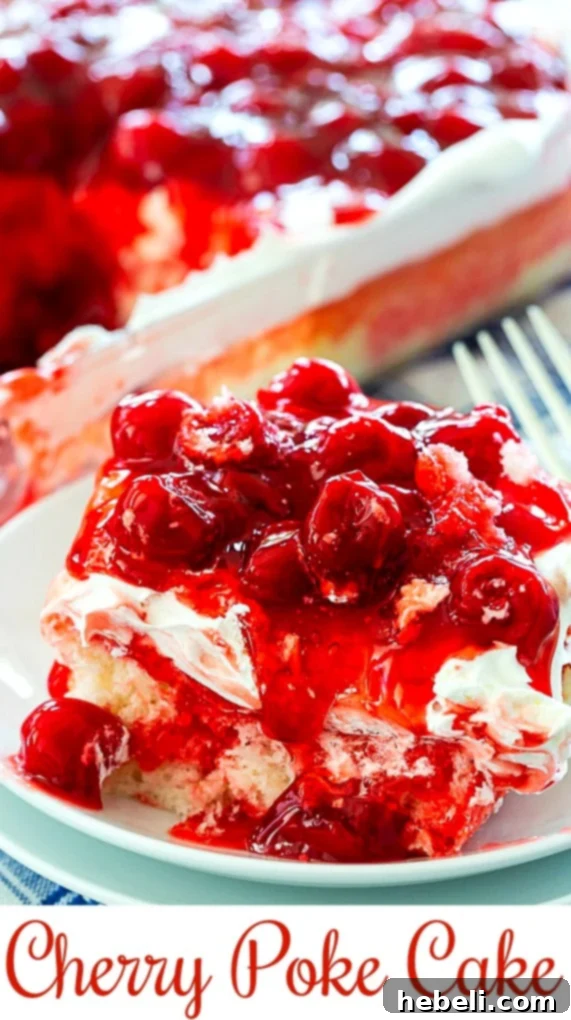 Close-up shot of a single serving of Cherry Poke Cake, highlighting the rich cherry topping and creamy white layer.