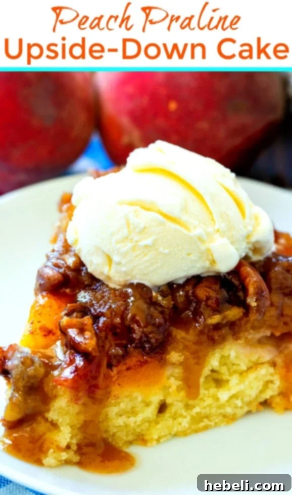 A stunning shot of the entire Peach Praline Upside-Down Cake on a rustic wooden surface, showcasing its golden crust and juicy peach topping.